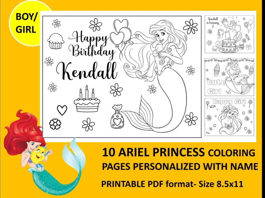 10 Printable The Little Mermaid Coloring Pages For Birthday Personalized With Name PDF Format Etsy