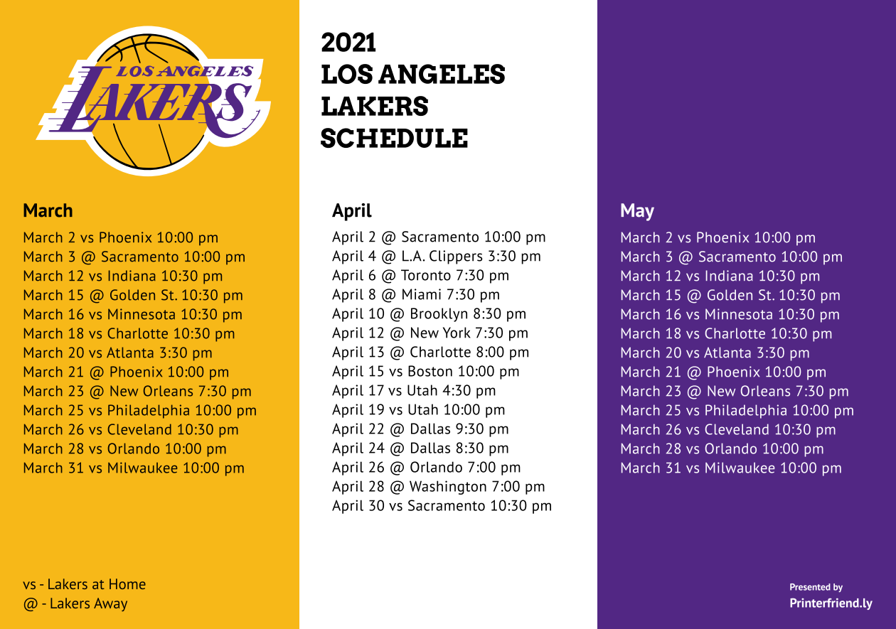Lakers March Schedule Printable