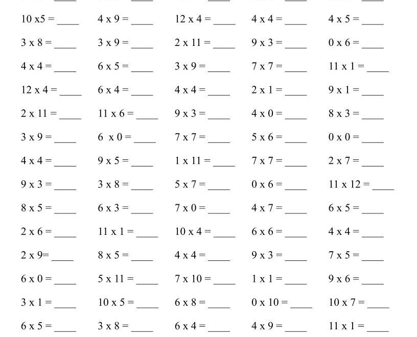 10 Printable Math Drills Multiplication Timetable 0 To 12 Practice Speed Counting PDF Made By Teachers