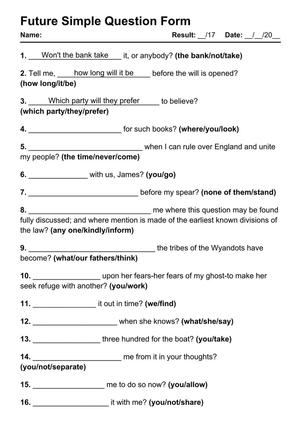 Printable Future Tense Quiz English Printable Future Tense Quiz English