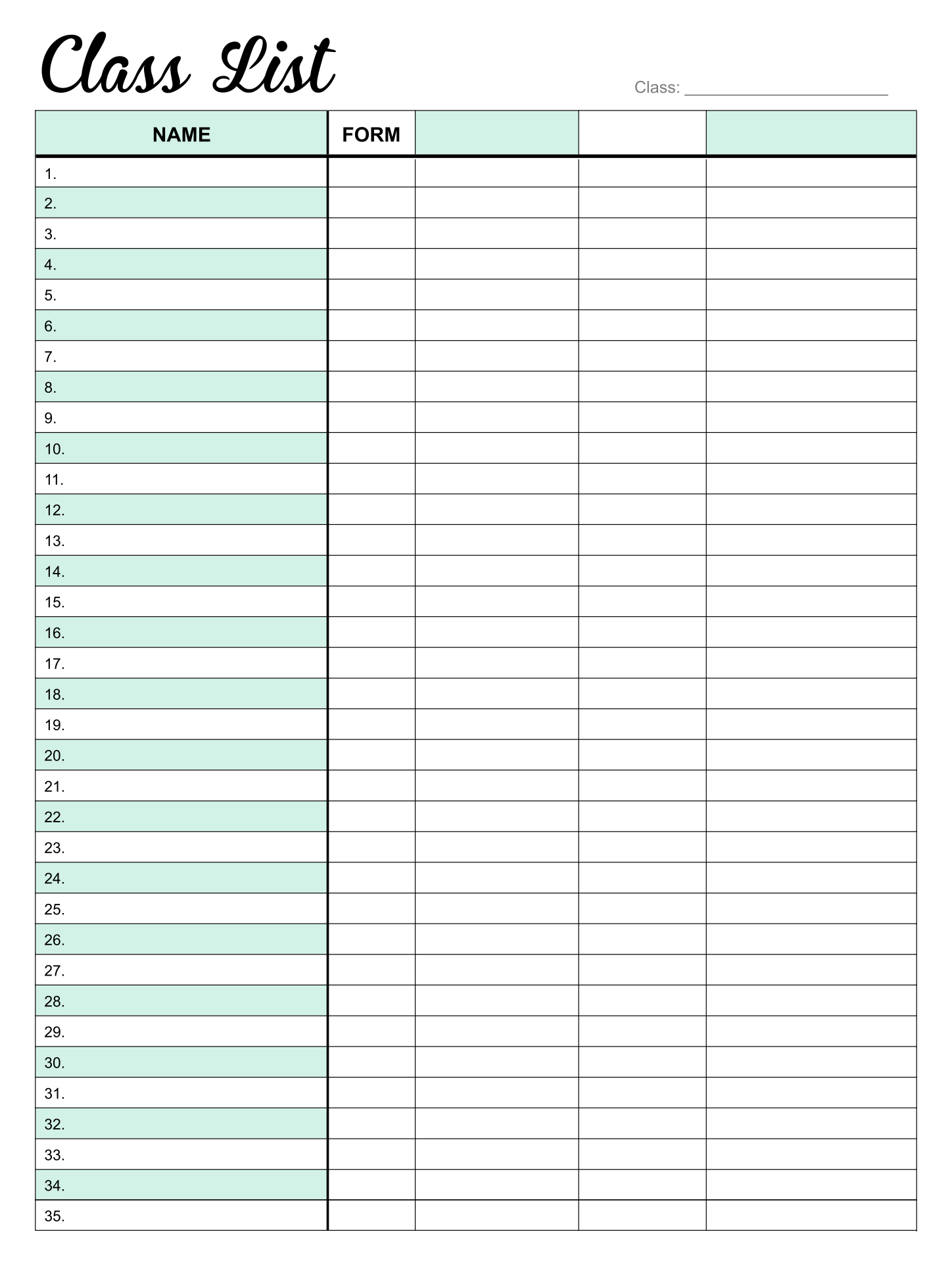 Class List Printable Template