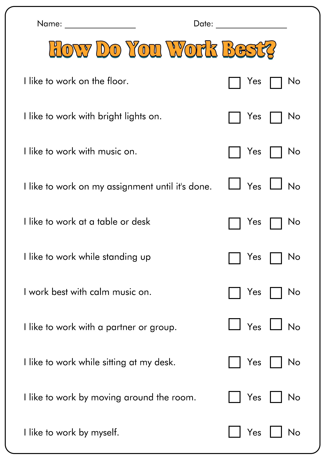 Learning Styles Quiz Printable For Students