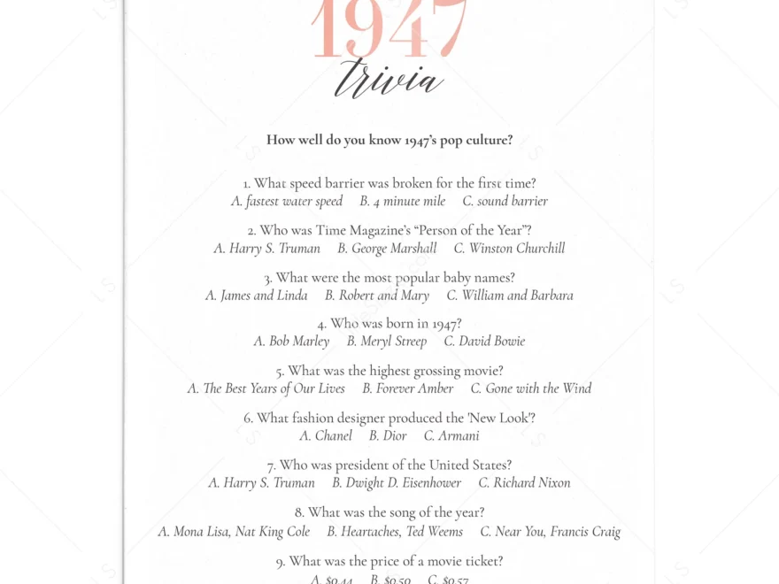 1947 Trivia Questions And Answers Printable Instant Download LittleSizzle