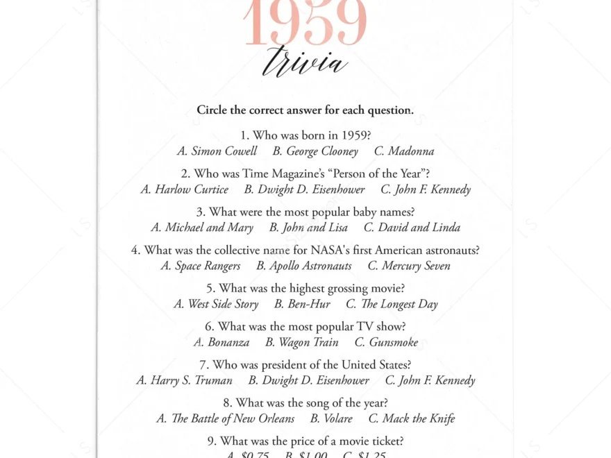 1959 Trivia Questions And Answers Printable Instant Download LittleSizzle