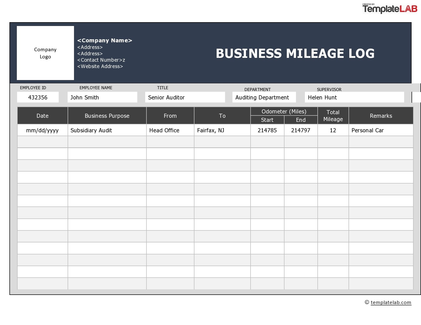 Milage Tracking Sheet Printable Milage Tracking Sheet Printable
