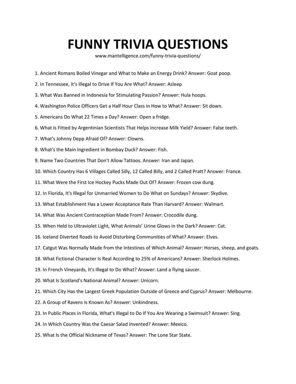Printable Easy General Trivia For Adults