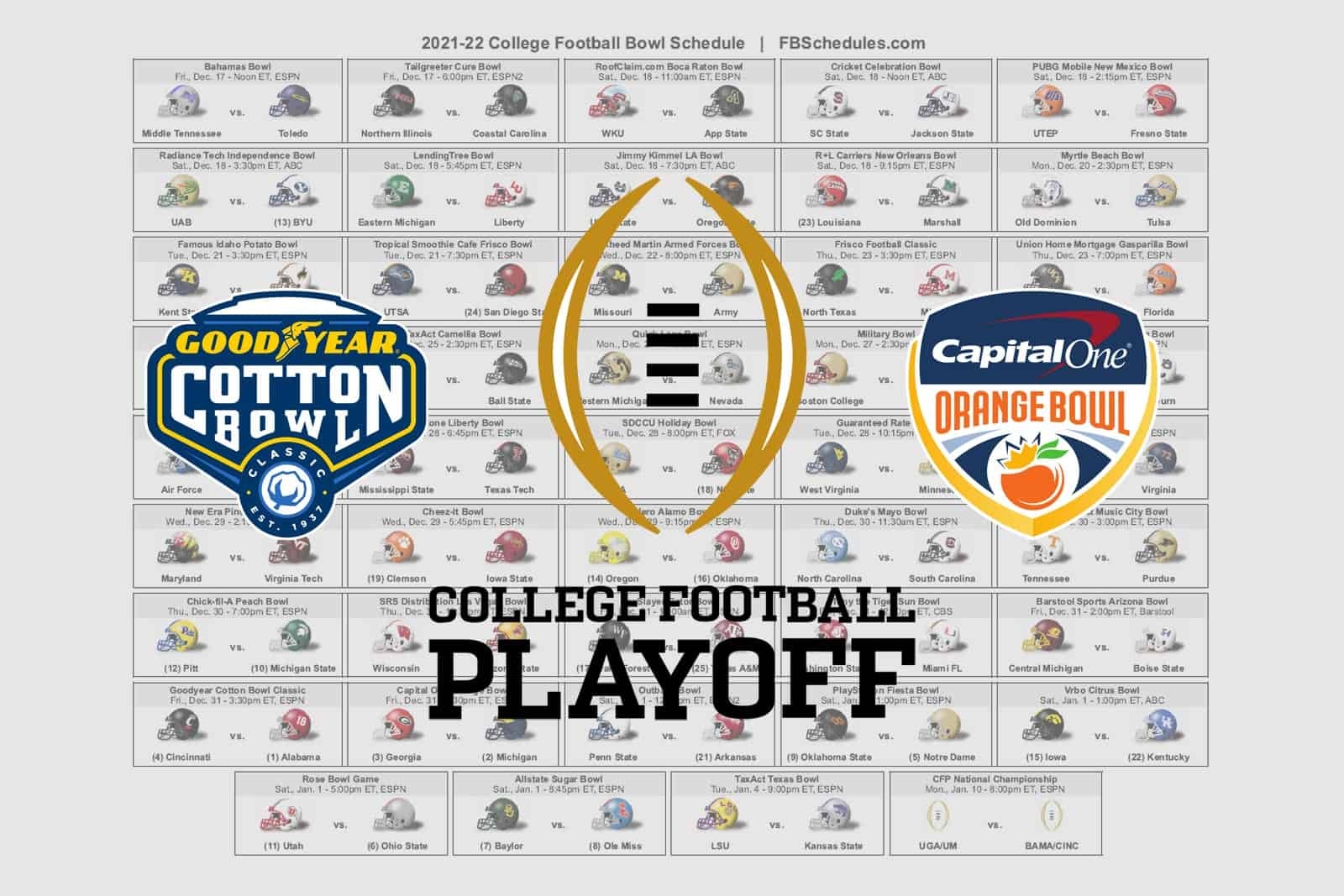 Printable Schedule Of Bowl Games