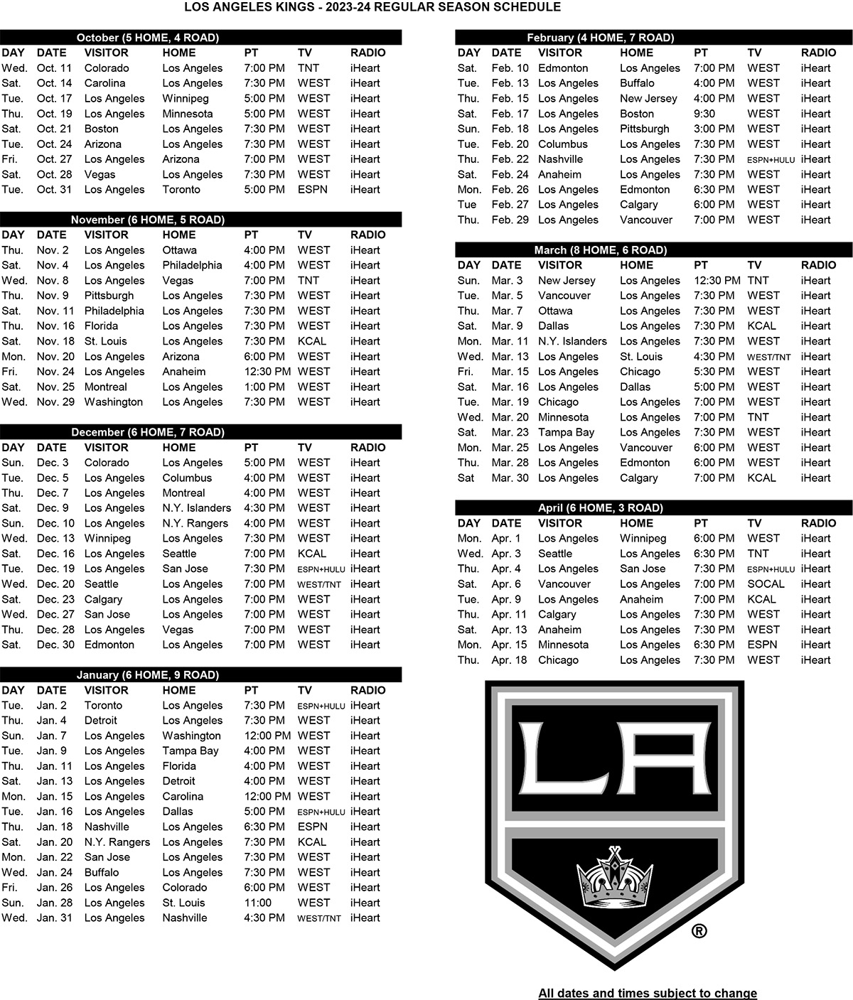 2023 24 Kings Schedule Comprehensive Smaller LA Kings Insider 2023 24 Kings Schedule Comprehensive Smaller LA Kings Insider