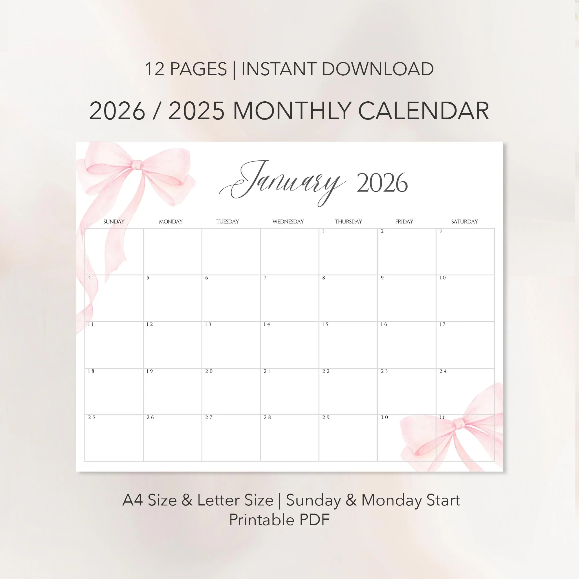 2025 2026 Coquette Calendar Pink Bow Watercolor Editable Canva Template digital Download Etsy