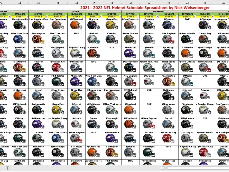 2025 2026 NFL Helmet Schedule Spreadsheet