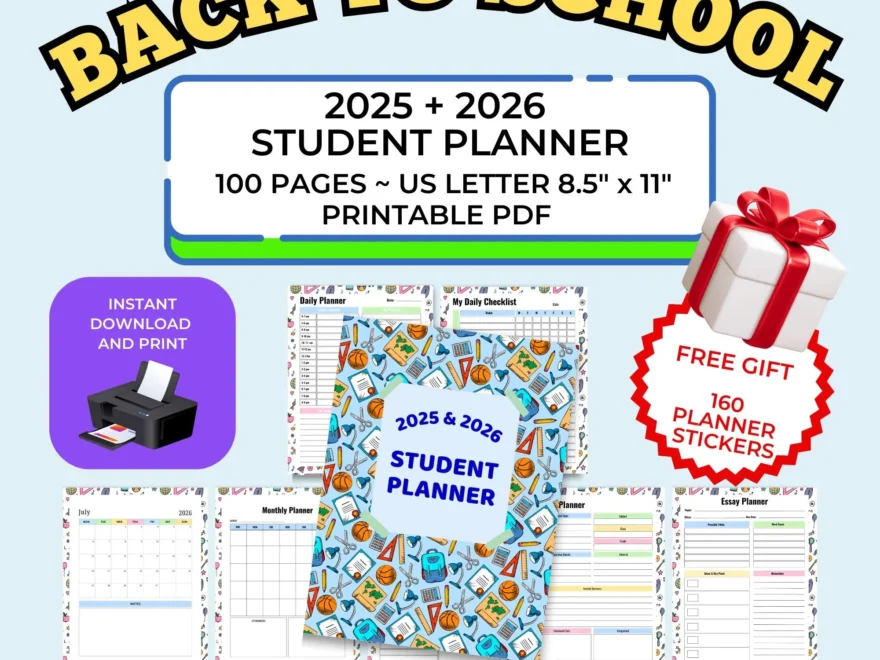 2025 2026 Student Planner Printable PDF With Stickers US Letter Size 8 5x11 Etsy