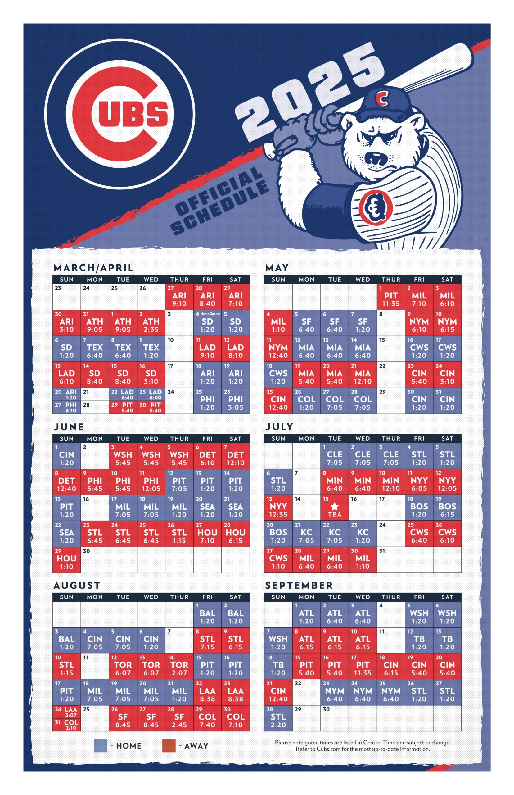 2025 cubs schedule poster 11x17 r chicubs