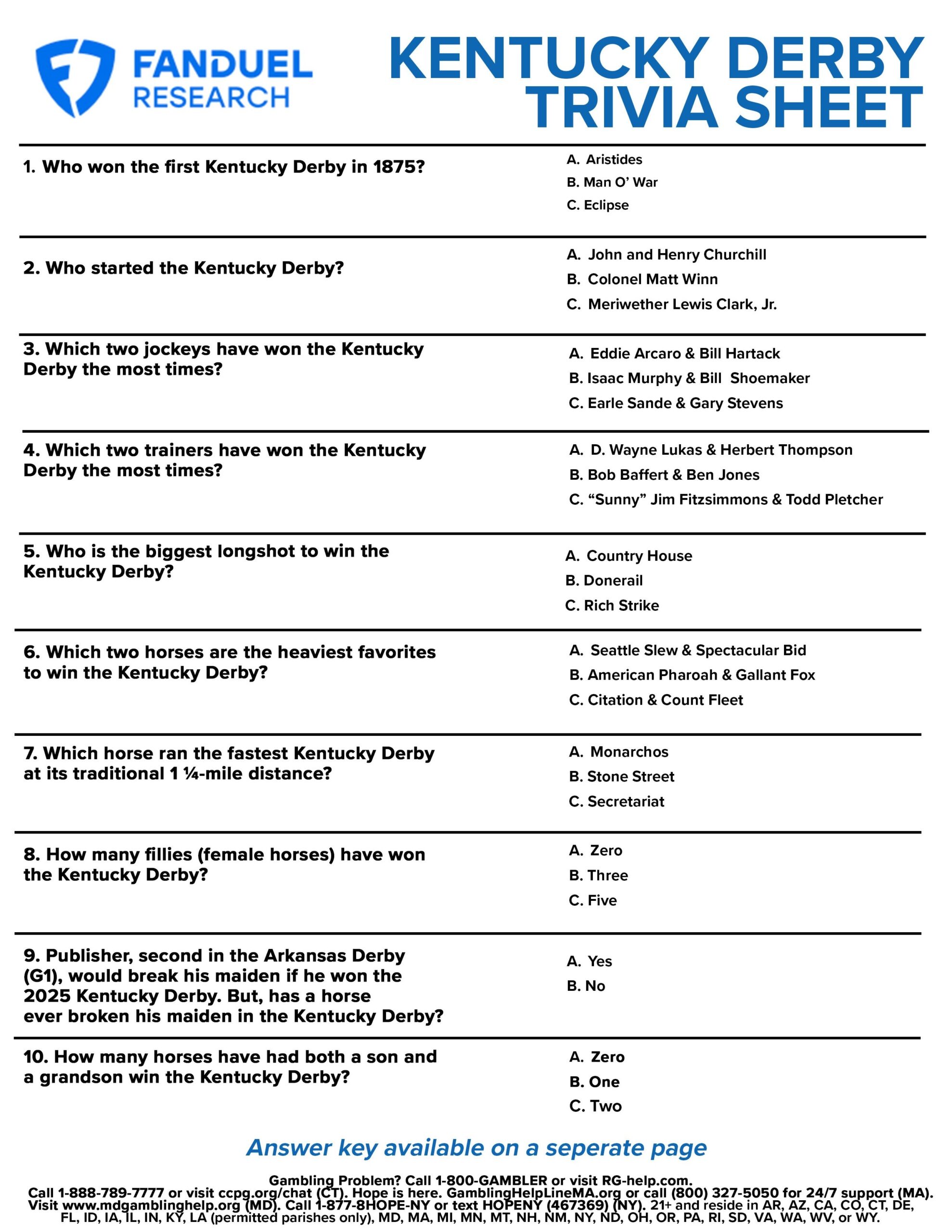 Kentucky Derby Horse Printable List