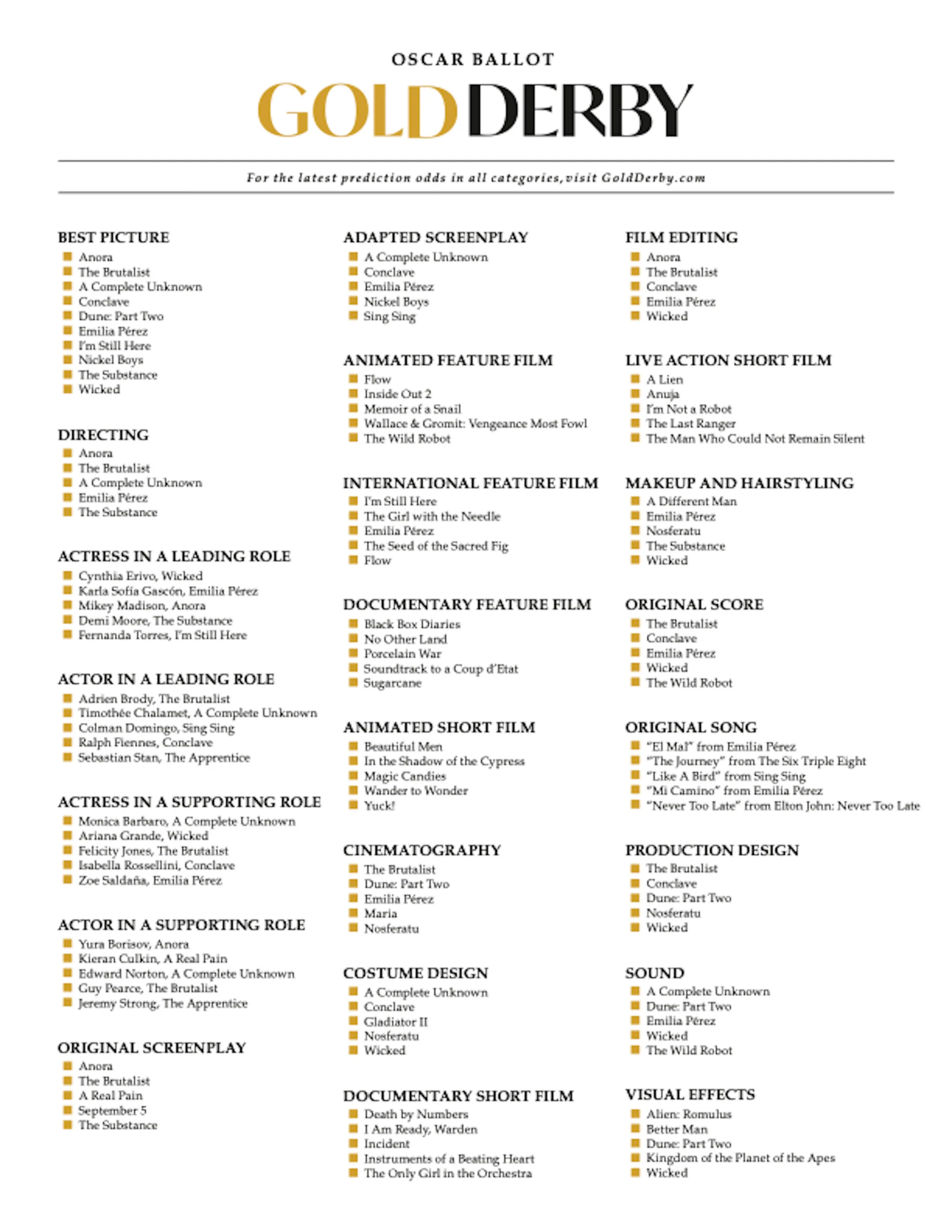 Printable List Oscar Nominations