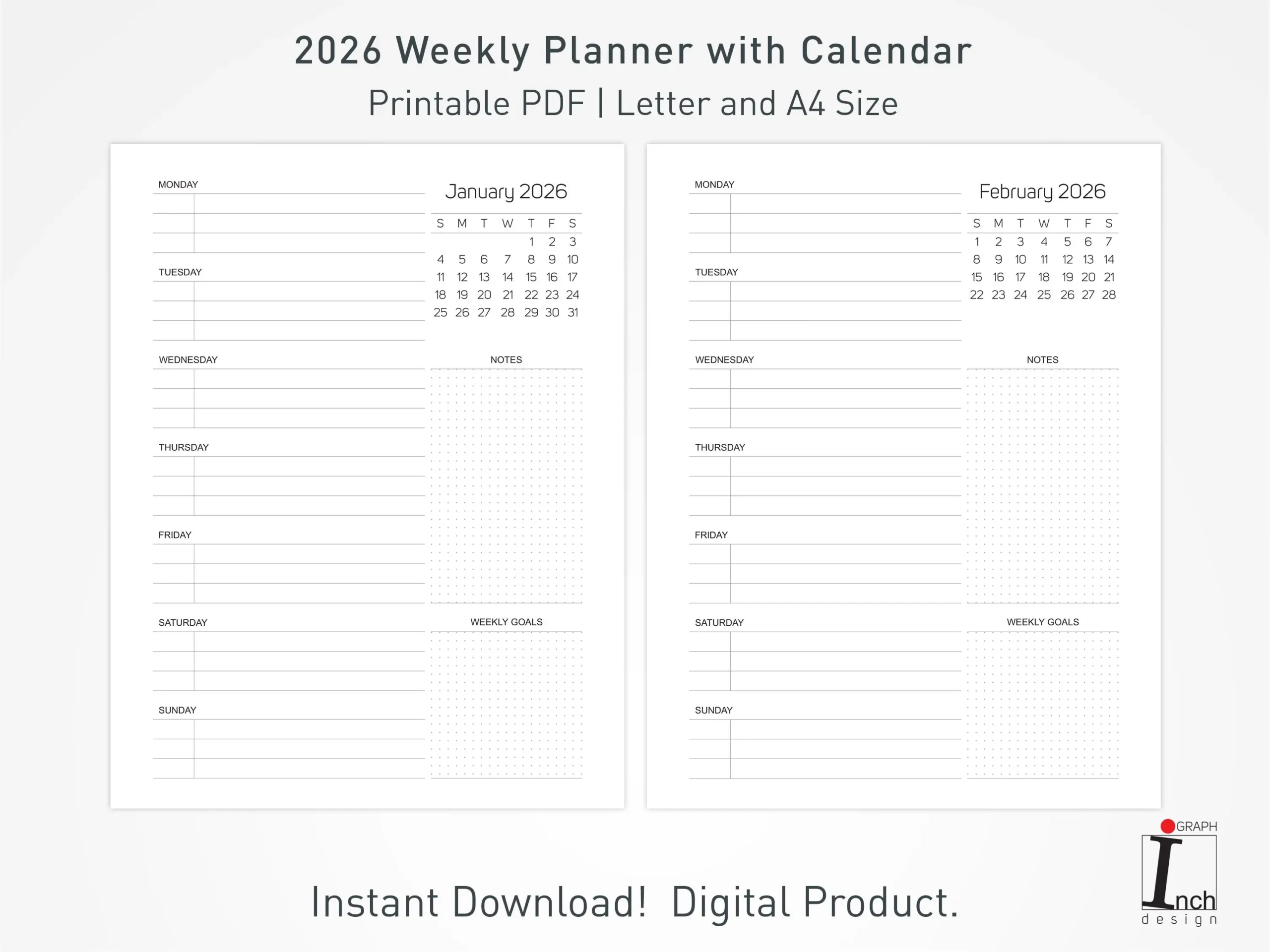 2026 Calendar Weekly Planner Printable