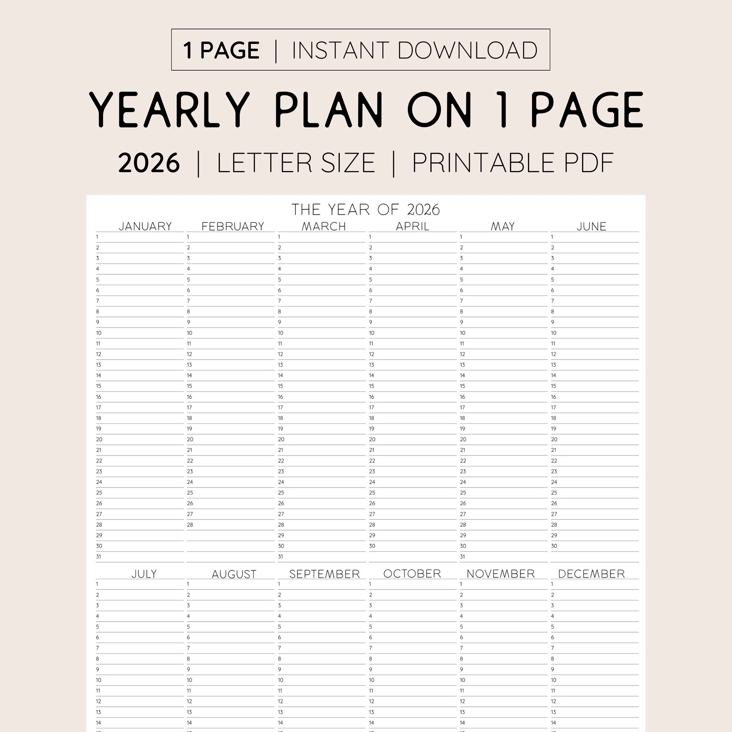 2026 Year At A Glance Printable Calendar instant Download Etsy
