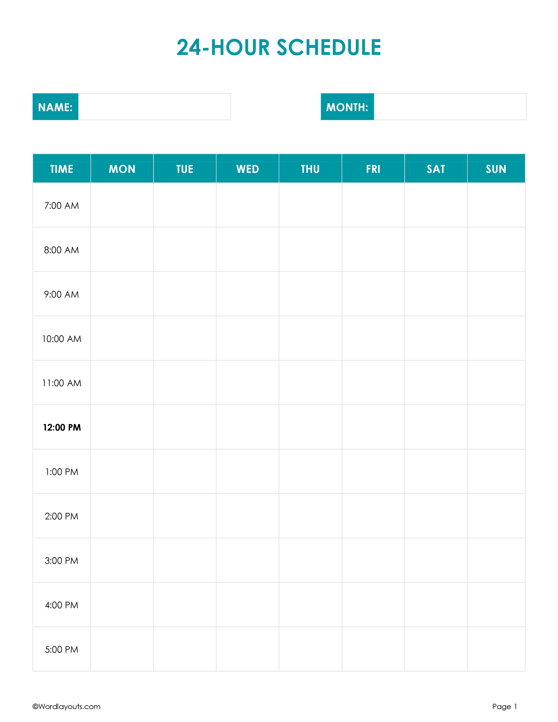 24 hour Planner Template Printable WordLayouts