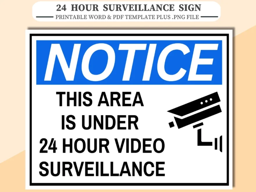 24 Hour Surveillance Sign Printable Notice PDF Word PNG Etsy