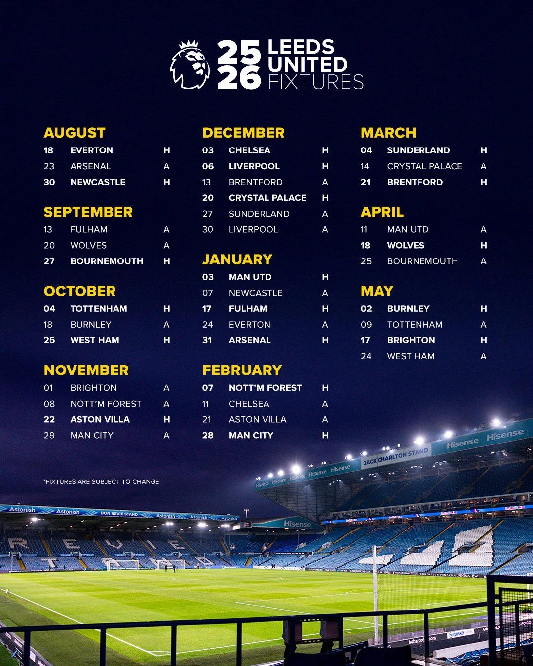 Leeds United Printable Fixture List