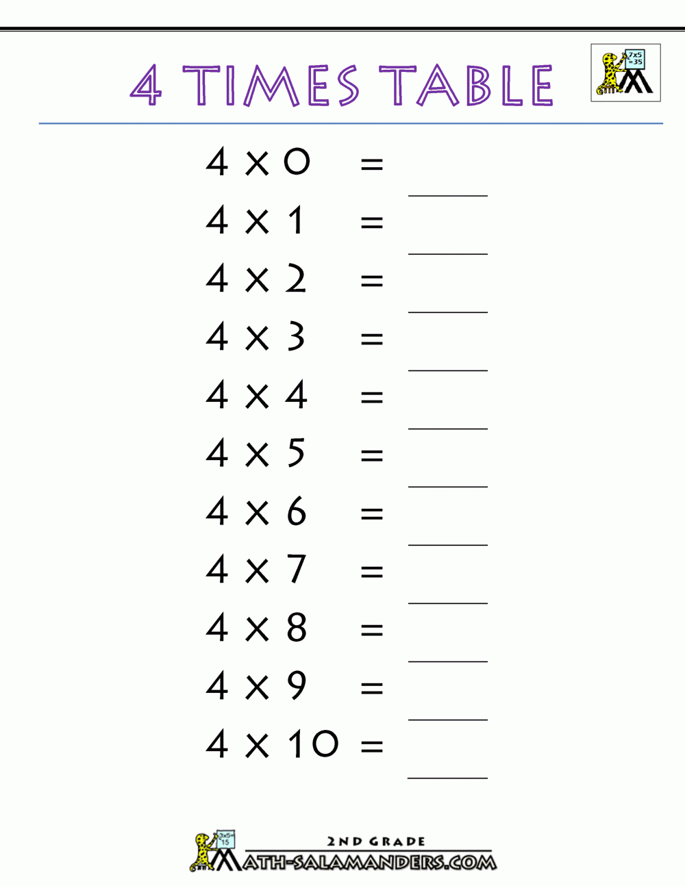 Printable Multiplication By 4 Work Sheet
