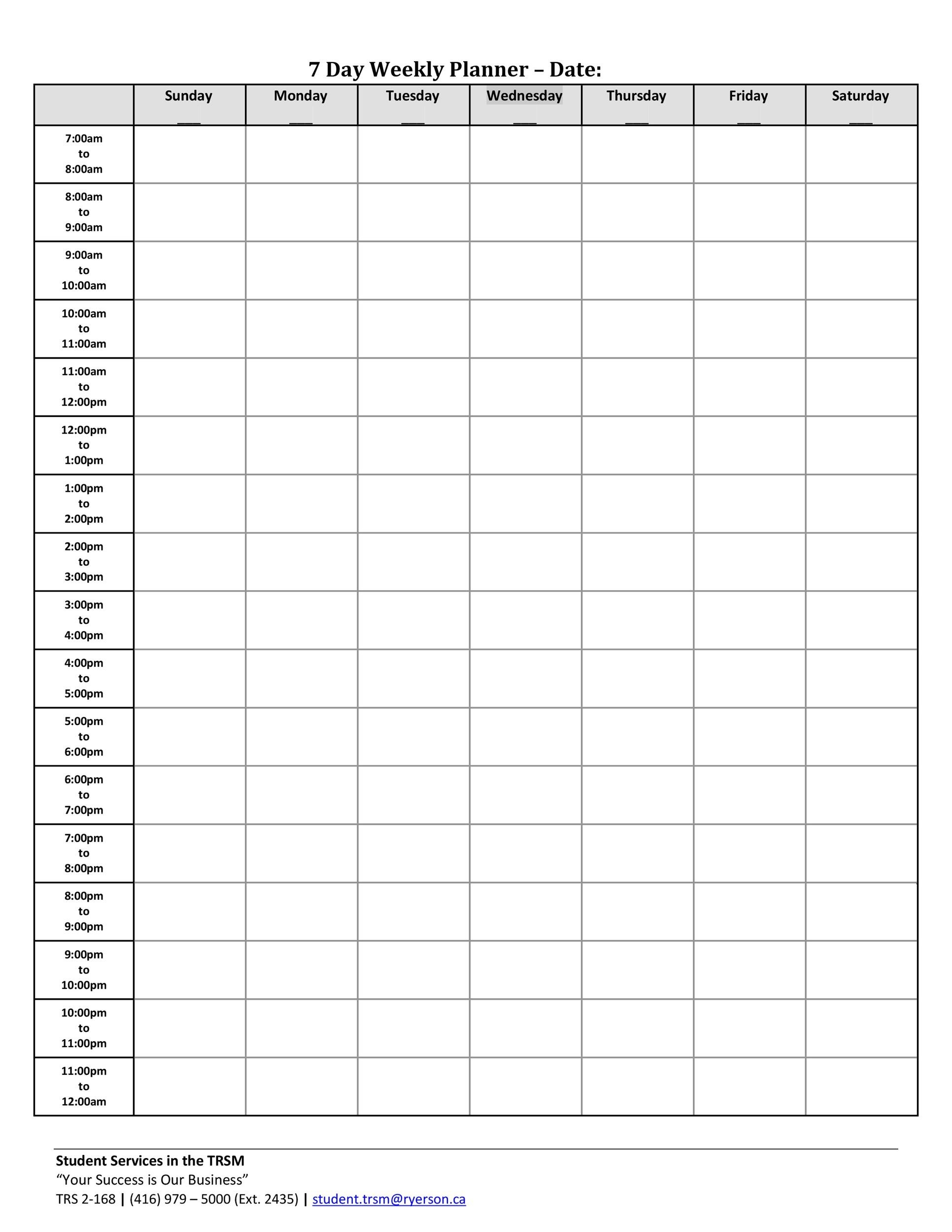 Excel 24hr Weekly Schedule Printable Template