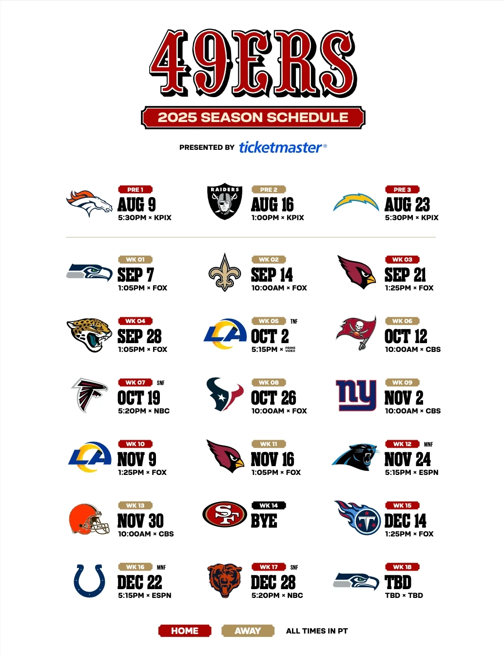 49ers Schedule San Francisco 49ers 49ers