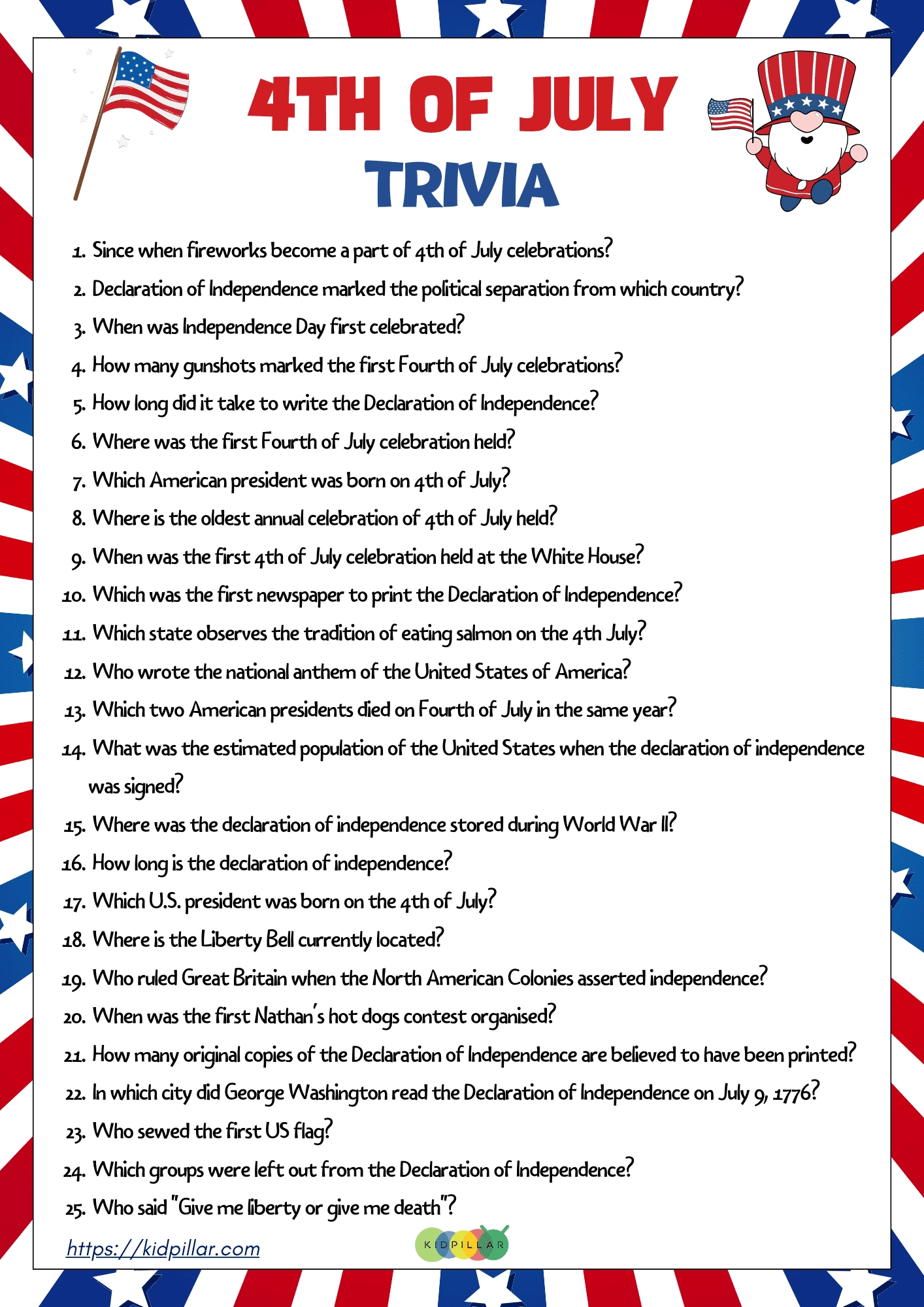 4th Of July Quiz Printable