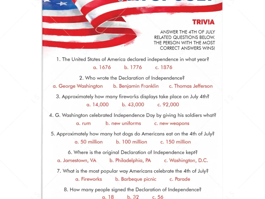 4th Of July Trivia Printable Virtual Independence Day Quiz LittleSizzle