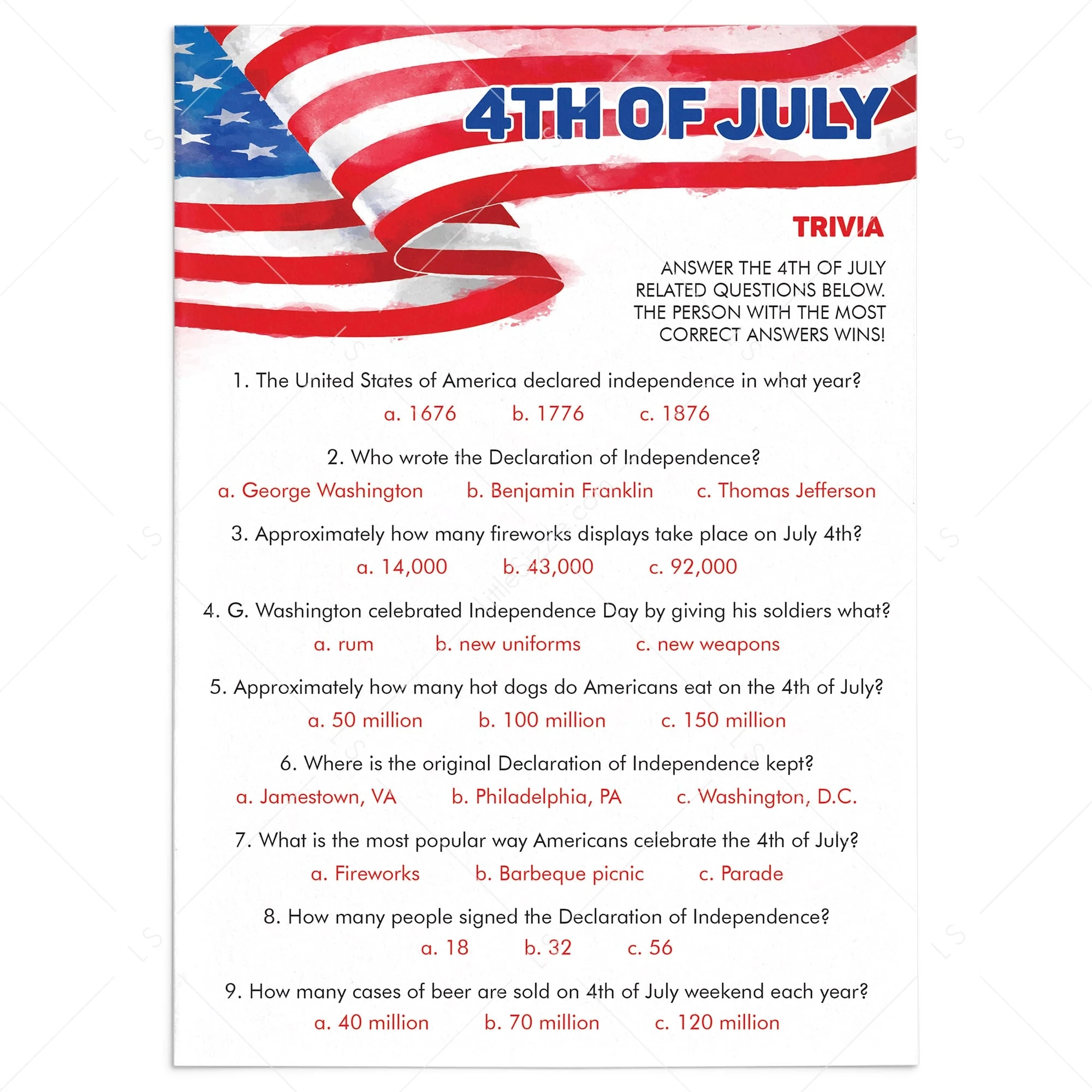 4th Of July Trivia Printable Virtual Independence Day Quiz LittleSizzle