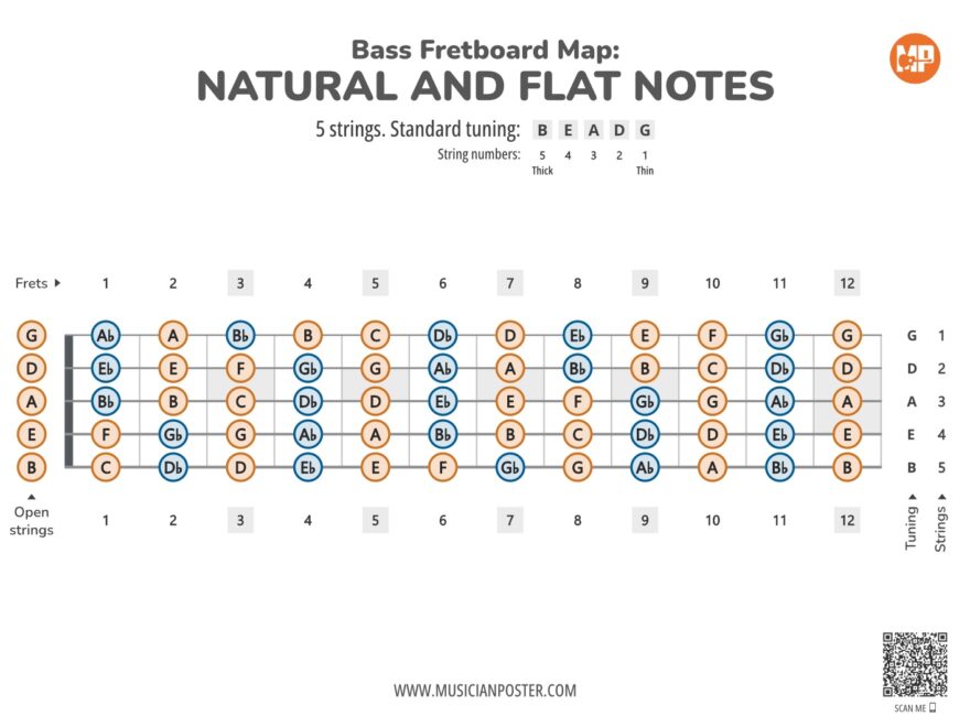 5 String Bass Guitar Printable Fretboard Map With All Notes