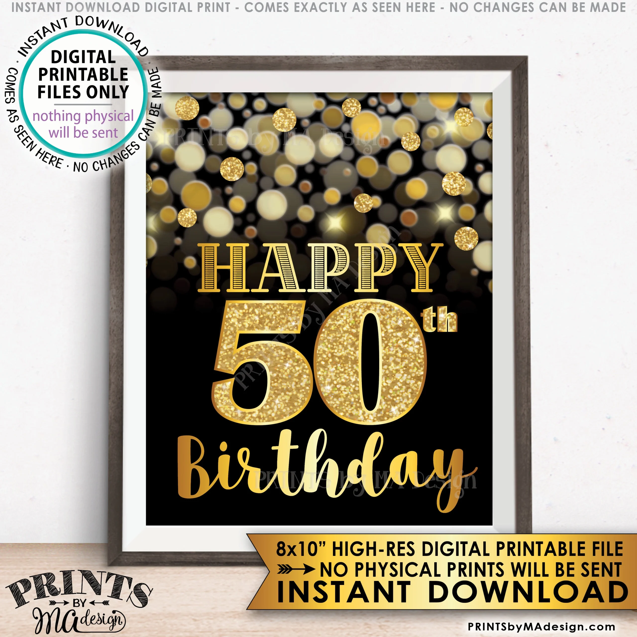 50th Birthday Sign Happy Birthday Golden Fiftieth Birthday Card 50 Years Black Gold Glitter 8x10 PRINTABLE Instant Download Bday Sign Etsy Israel