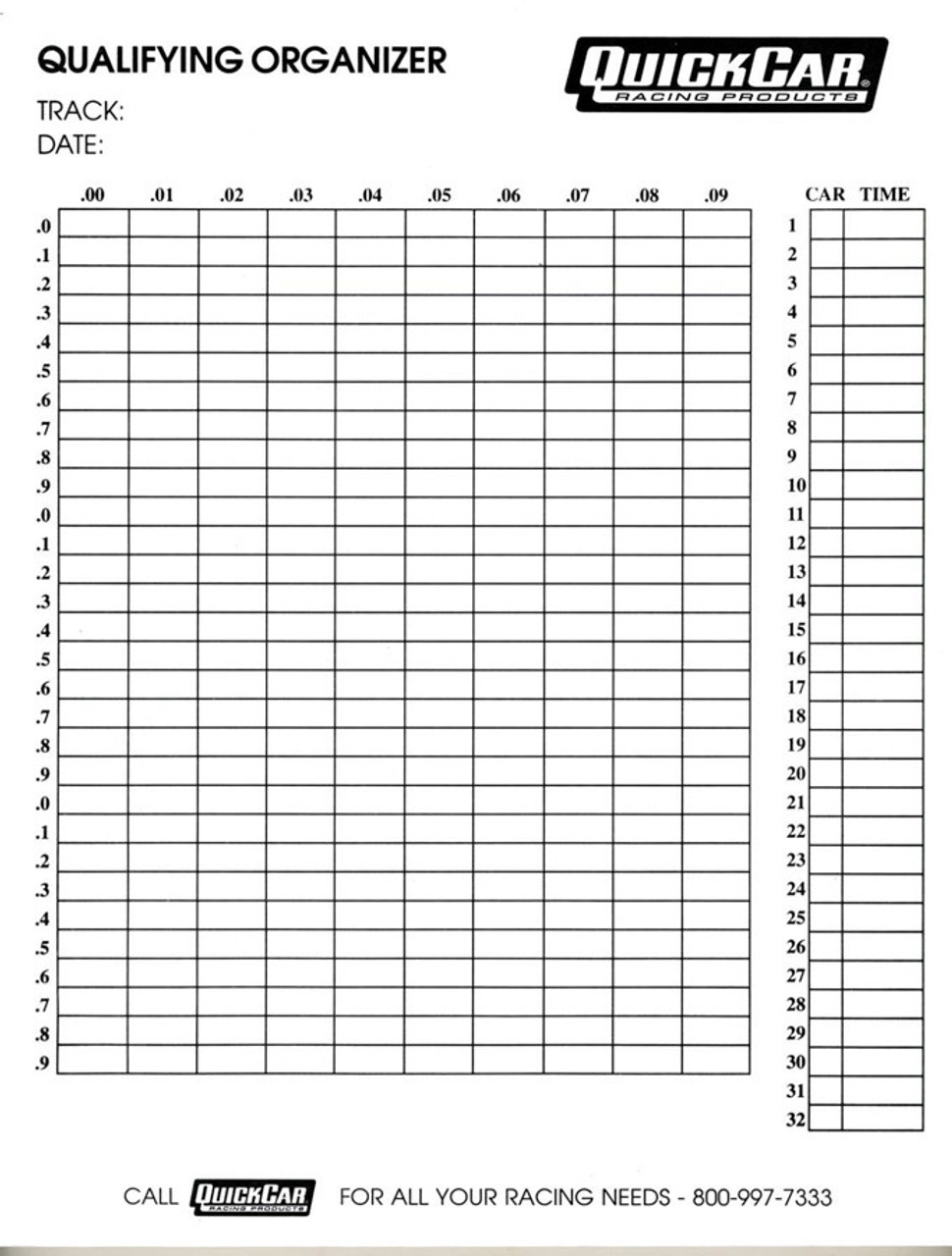 51 236 Qualifying Organizer Sheets 50pk Quickcar Racing