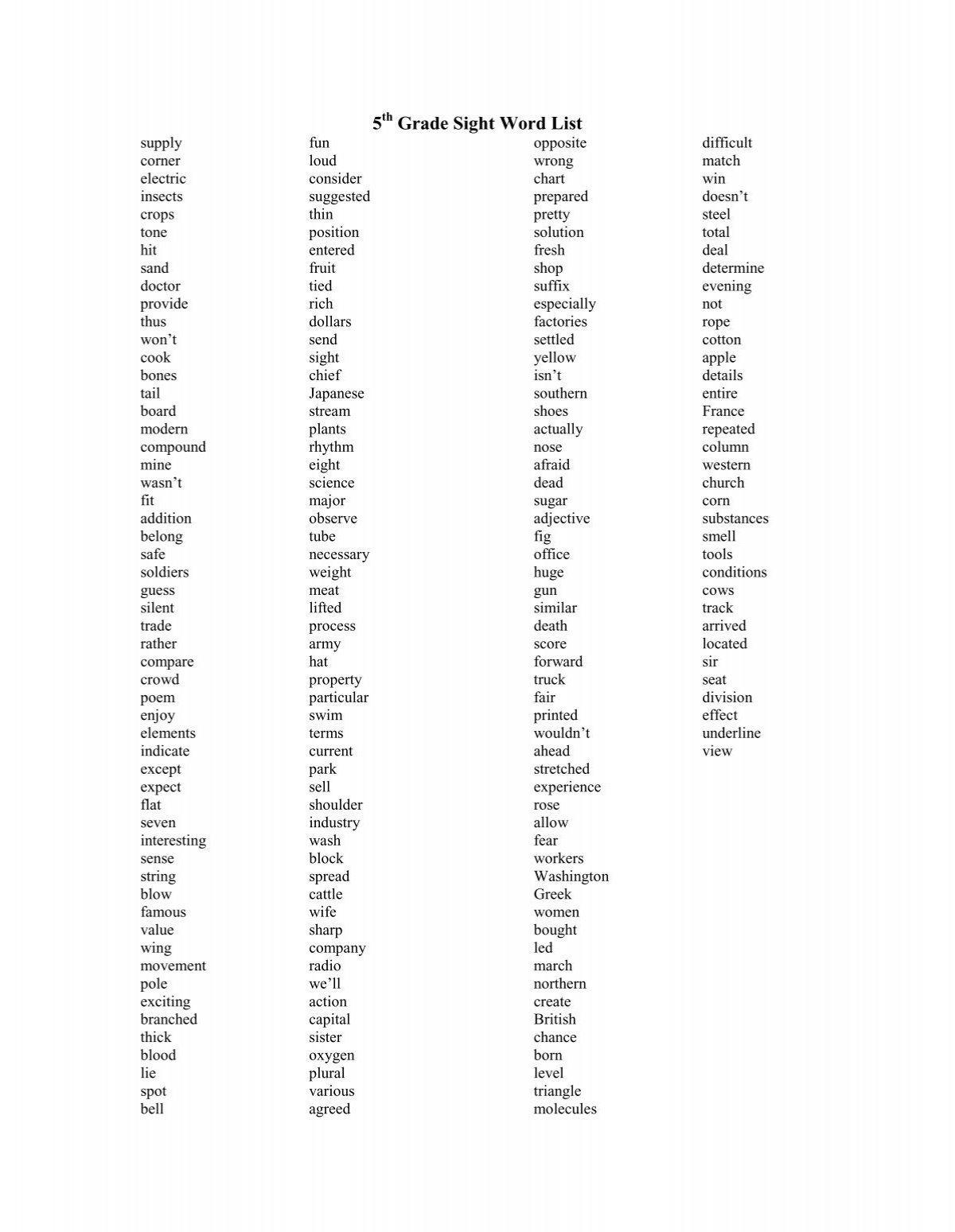 5th Grade Vocabulary List Printable