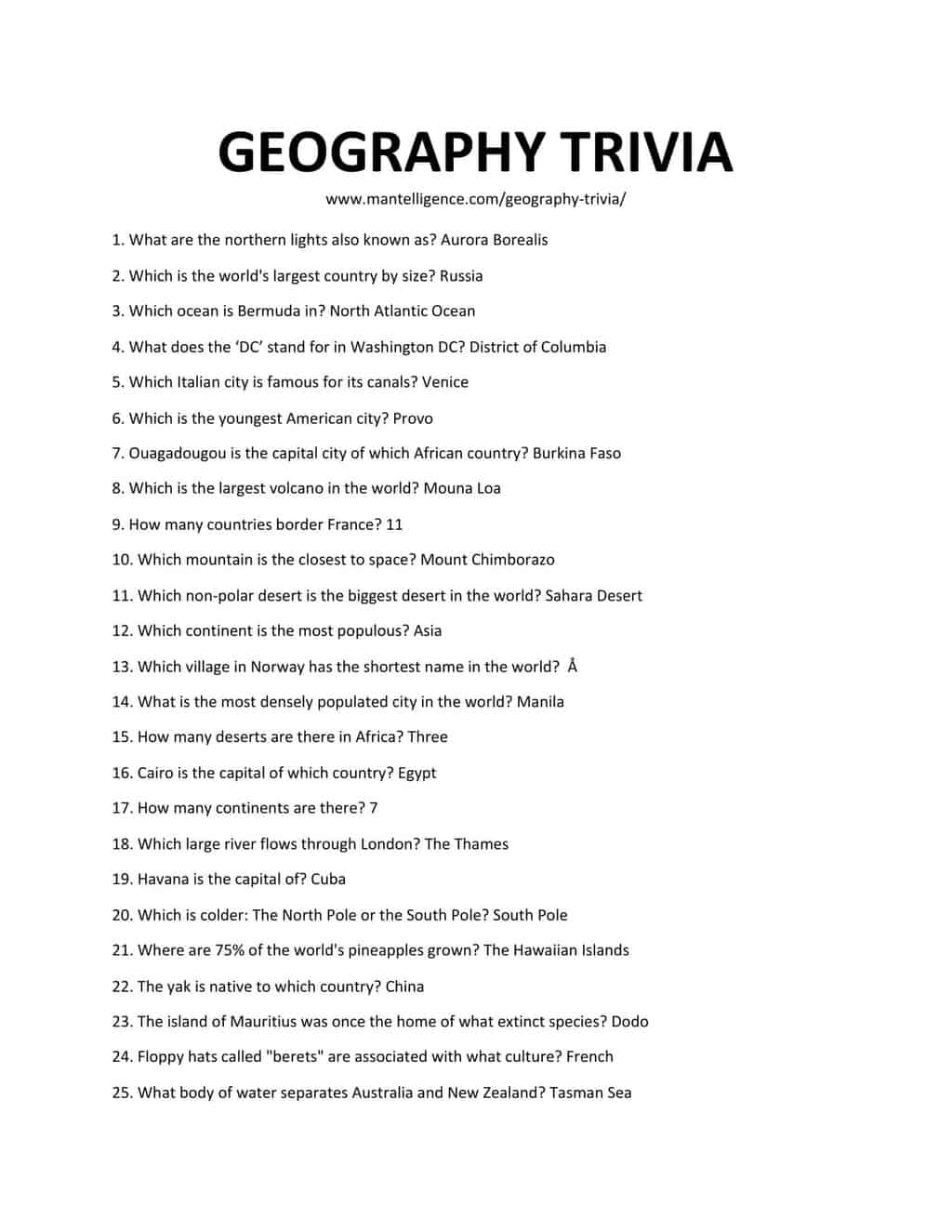 Fun Printable Geography Trivia