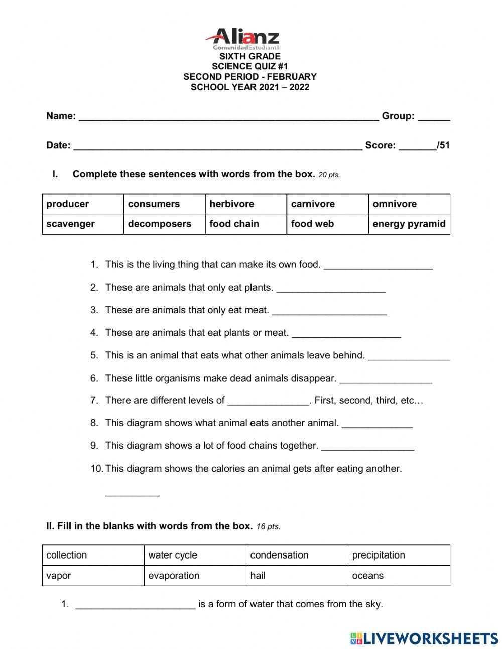 Printable Science Quiz For Grade 6
