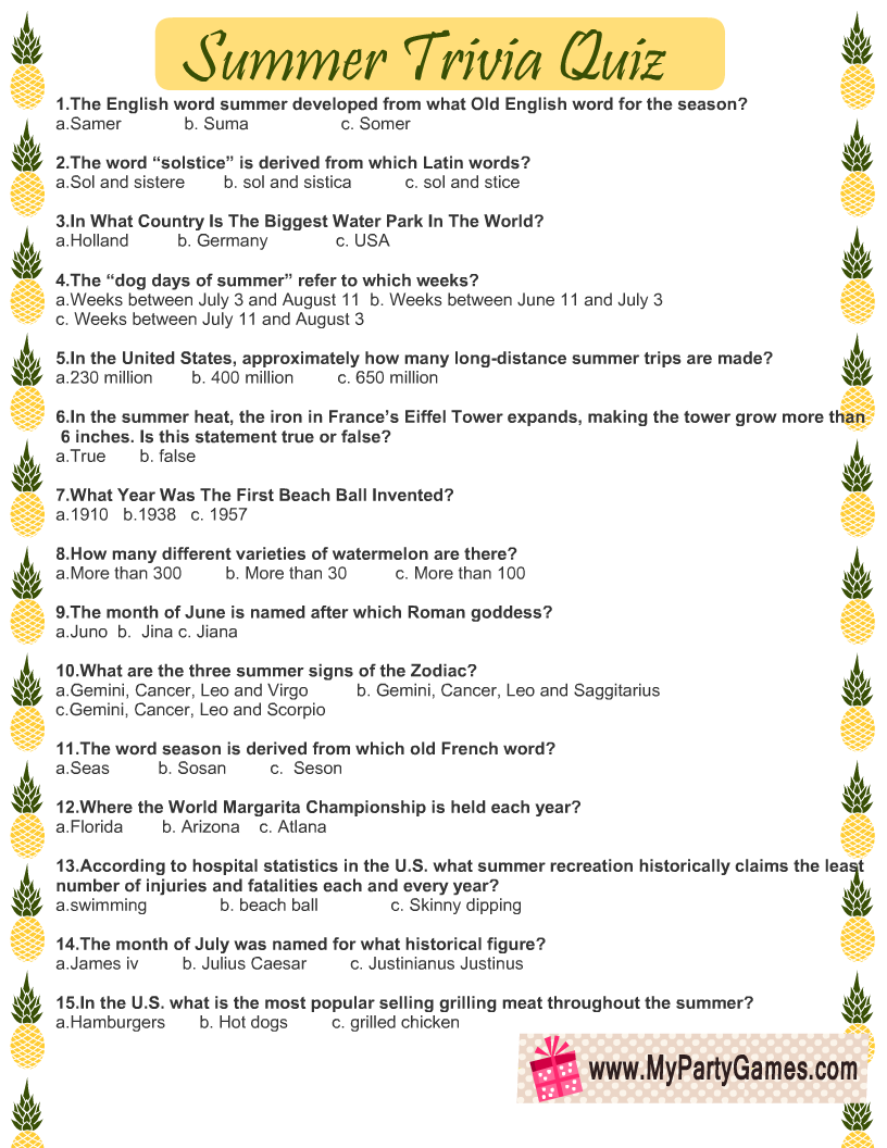 Fun Summer Quizzes On Printable