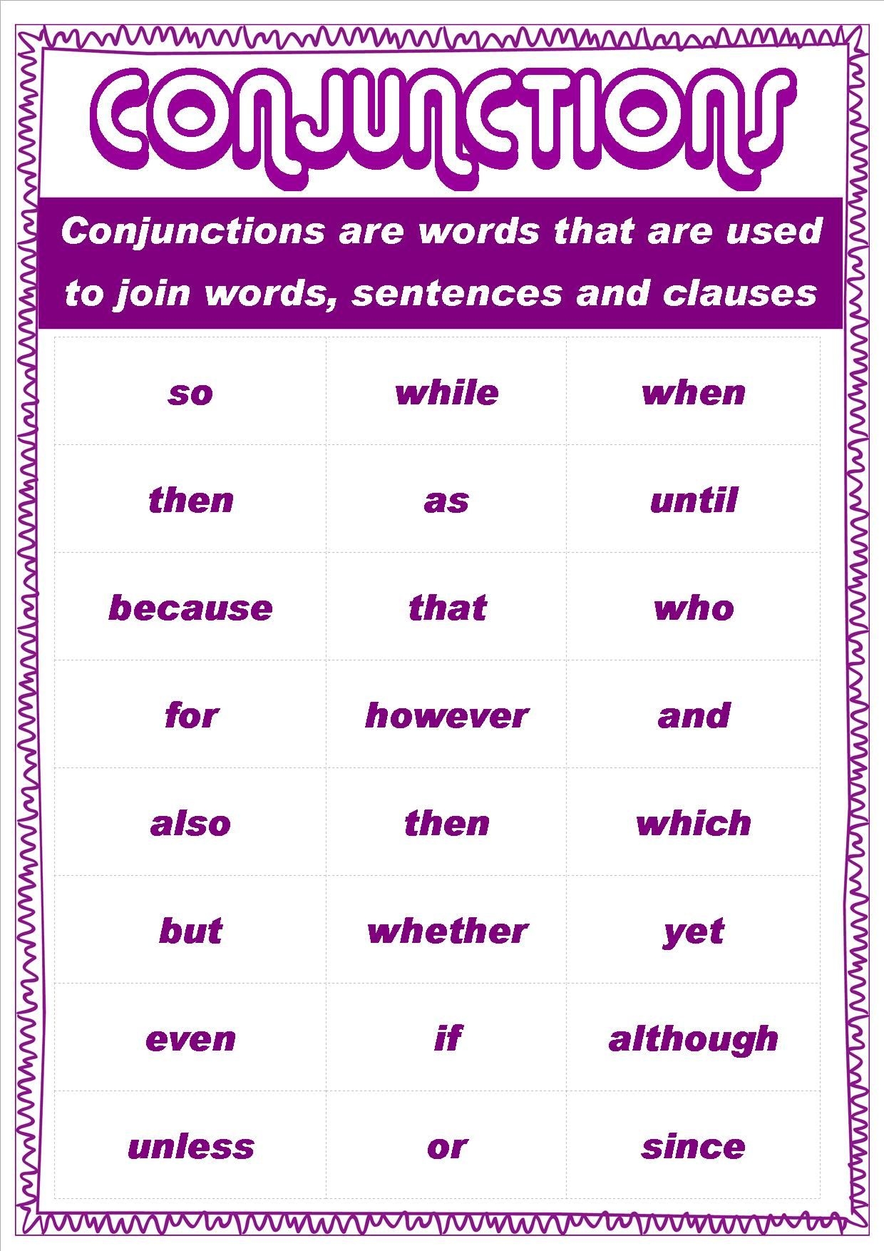 List Of Conjunctions In English Printable