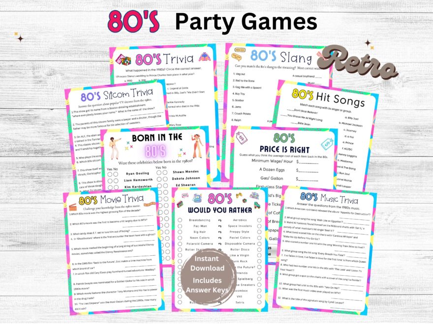80s Party Games Music Movie Slang Trivia printable Party Activity For Adults Etsy