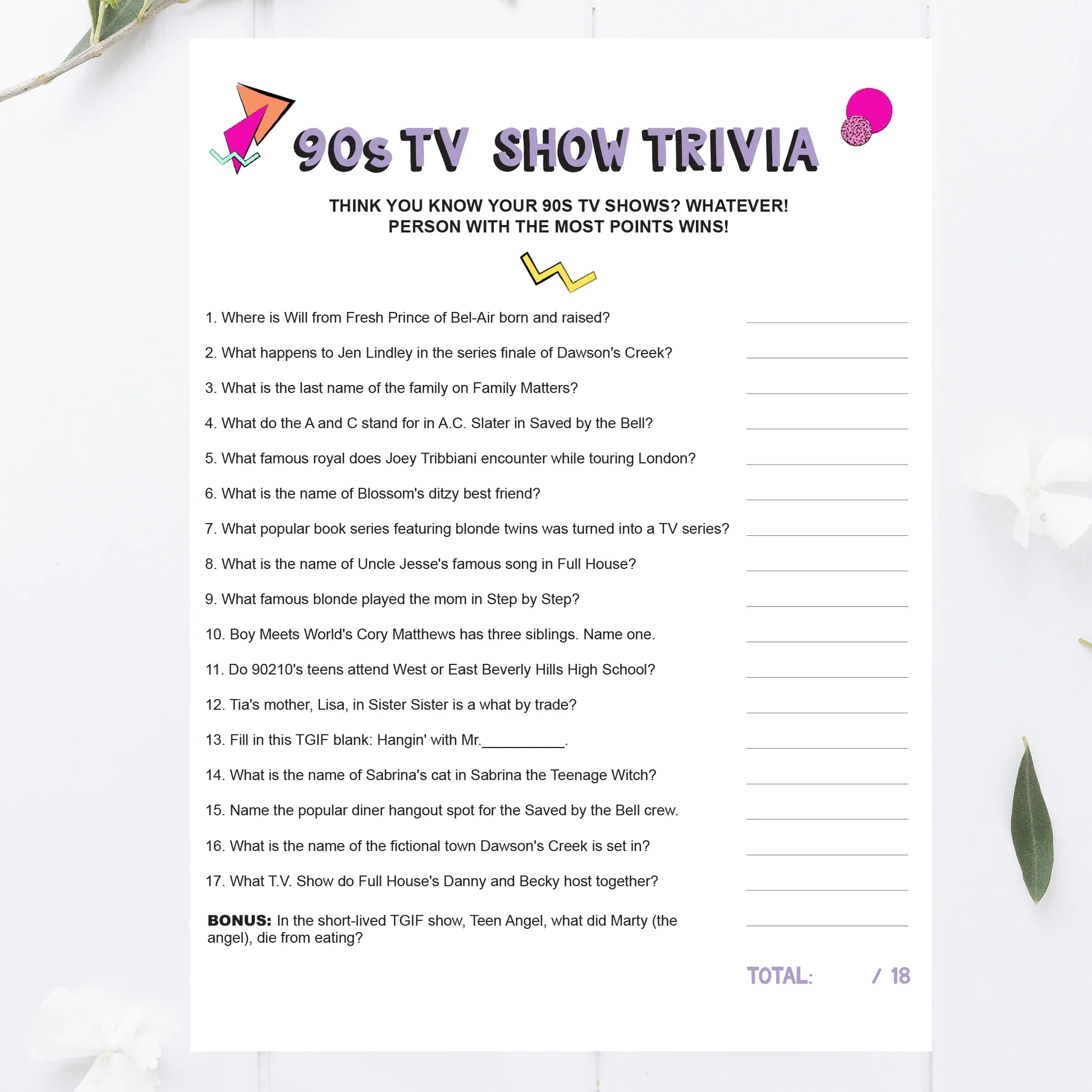 90s Trivia Game Printable