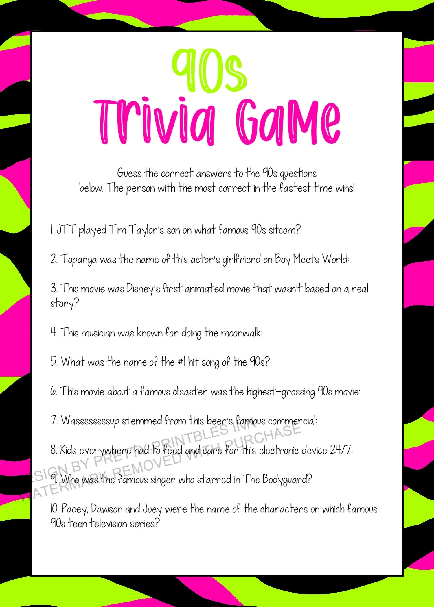 90s Trivia Game Printable Adult Party Quiz PDF Etsy