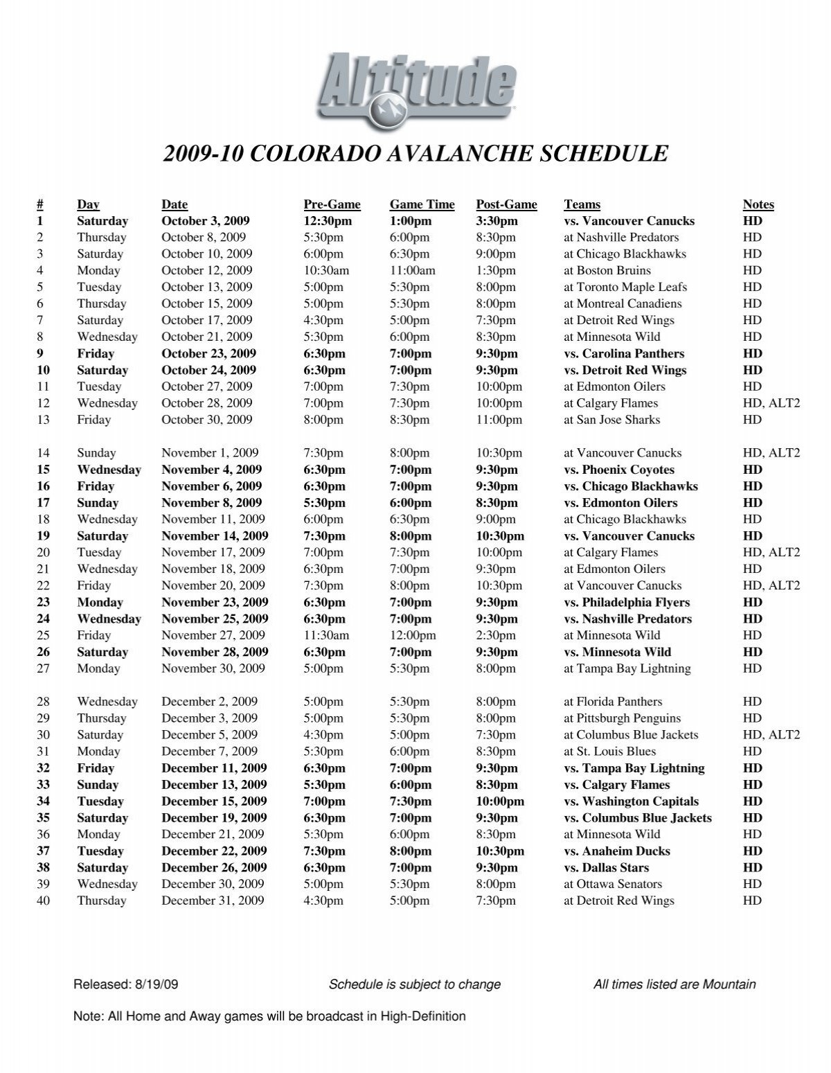 Printable Colorado Avalanche Schedule