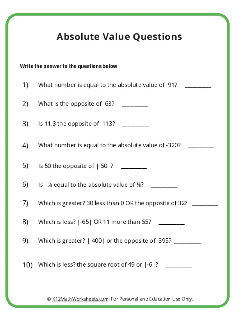 Absolute Value Quiz Printable