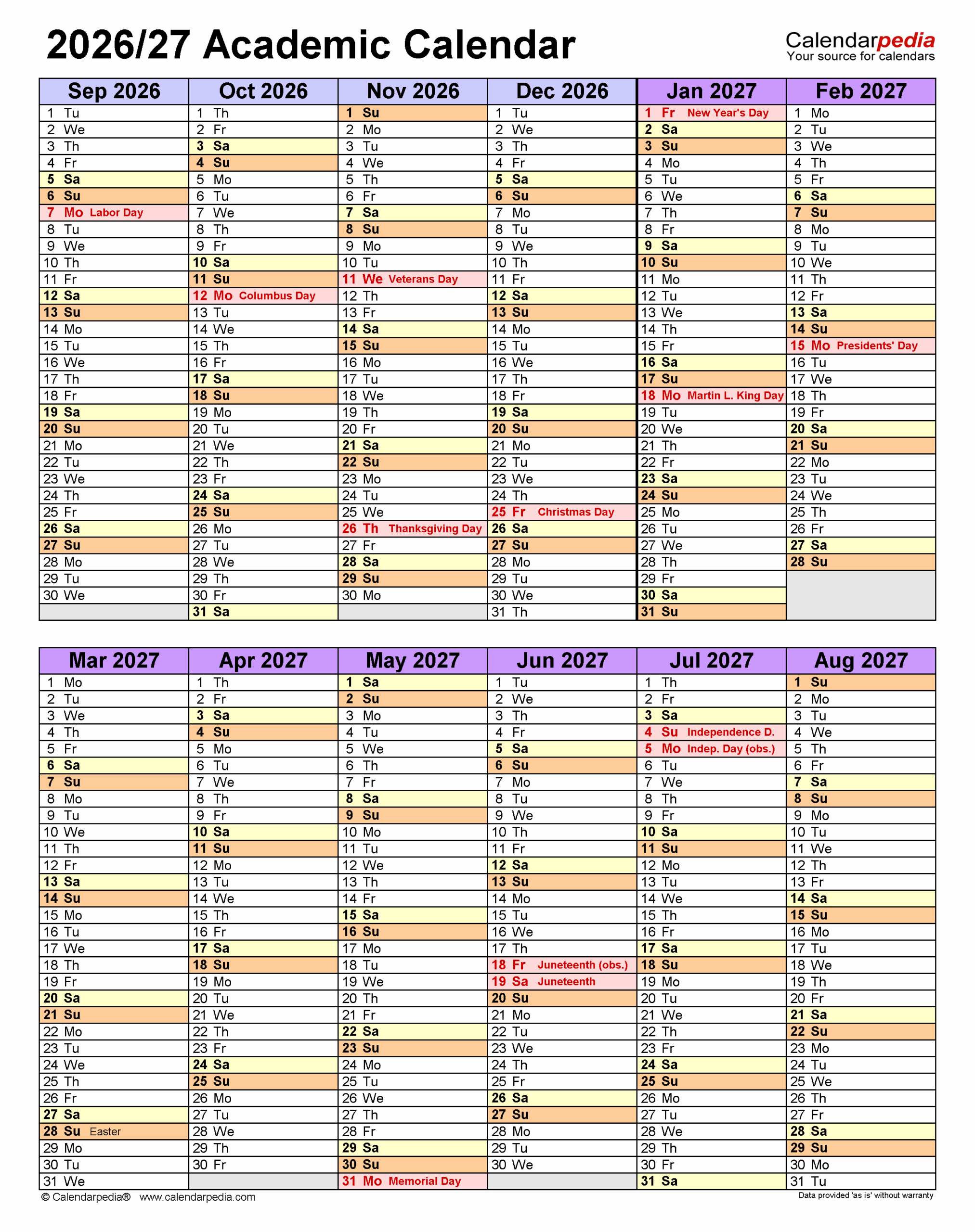 Academic Calendars 2026 2027 Free Printable Word Templates