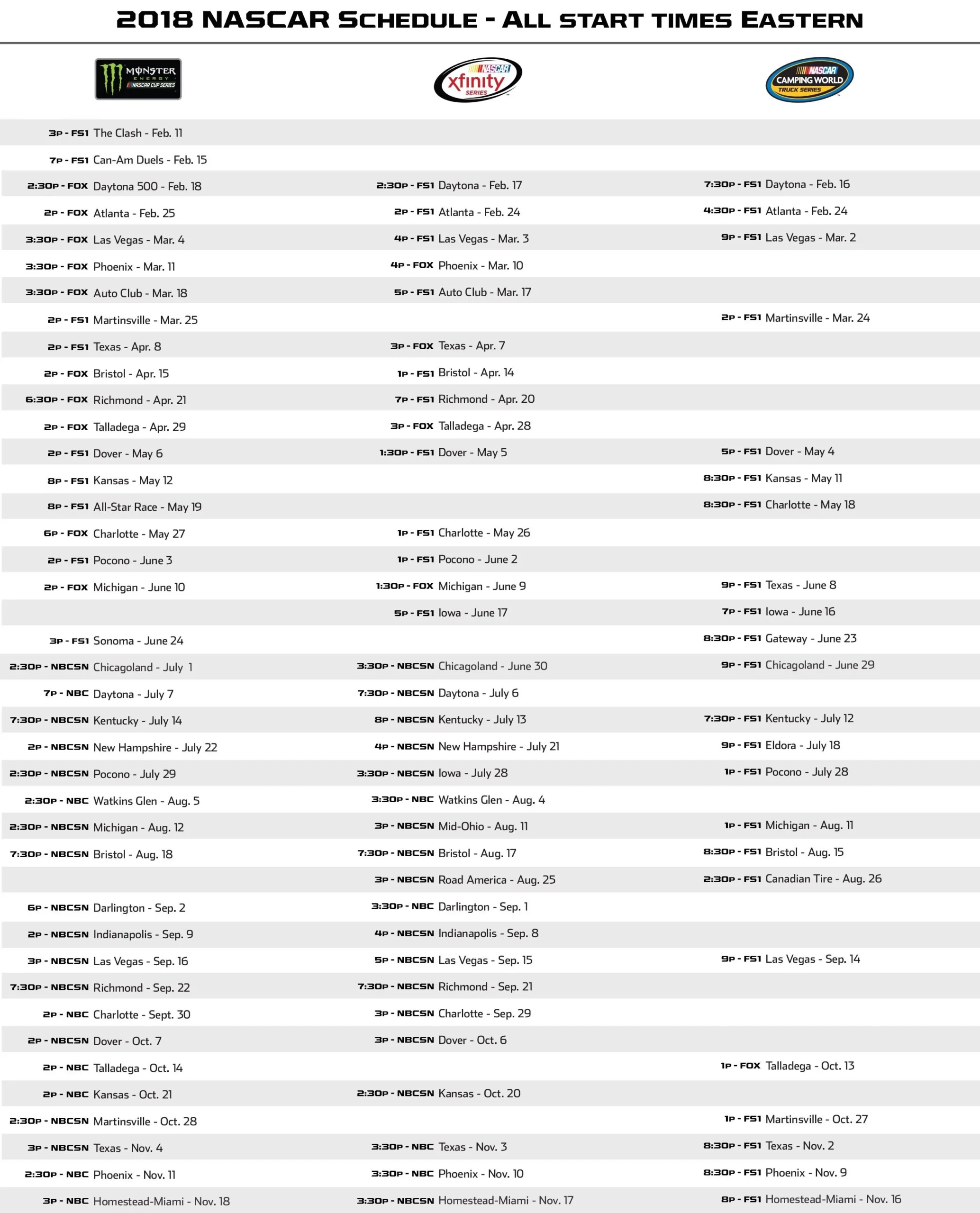 Added Start Times And Channels To The Printable NASCAR Schedule For Us At The Office Thought You Guys Would Find It Handy R NASCAR