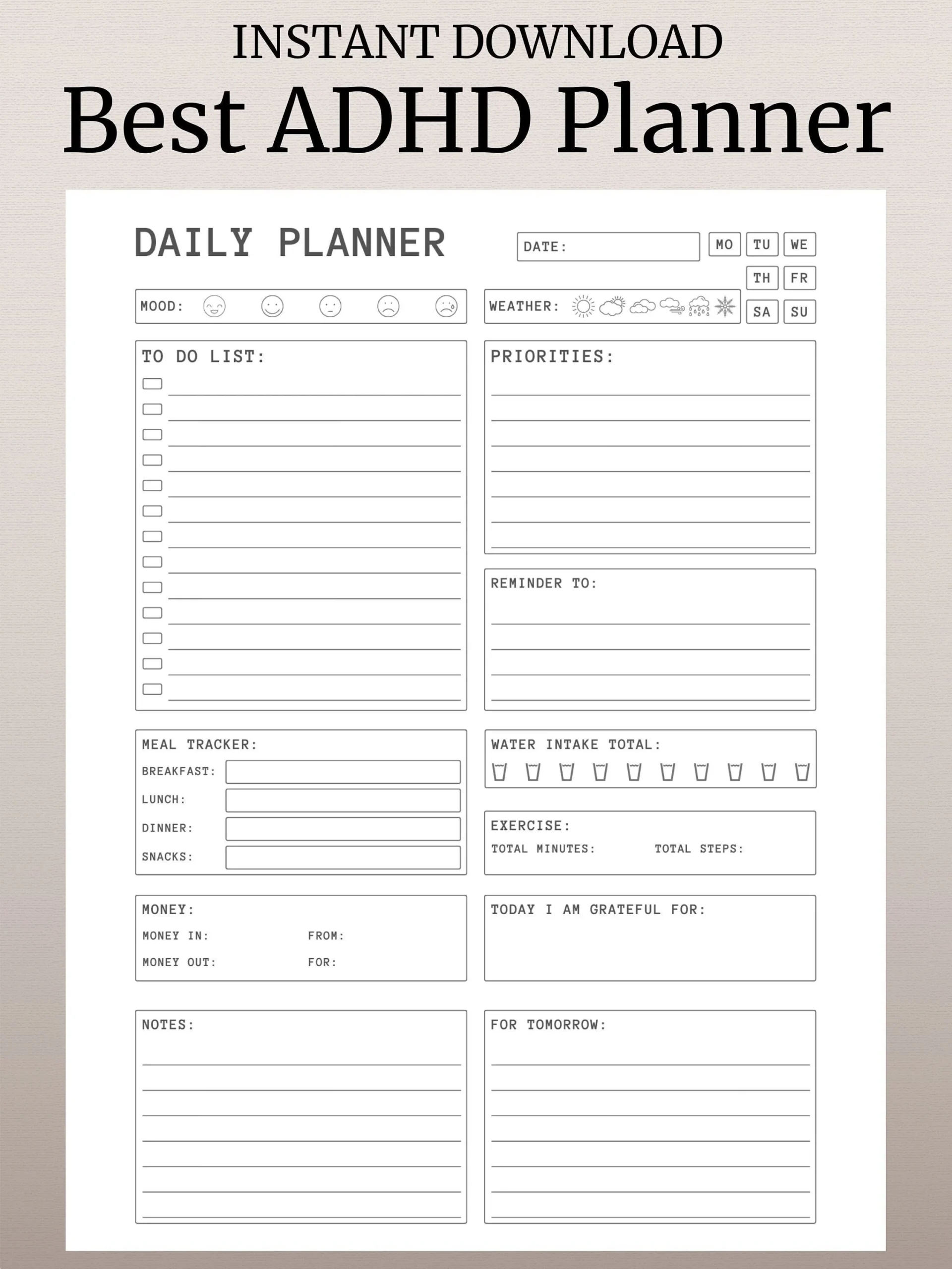 ADHD Daily Planner Printable Hourly Planner Organized Planner ADHD Planner Printable Planner Downloadable Planner Digital Planner Etsy