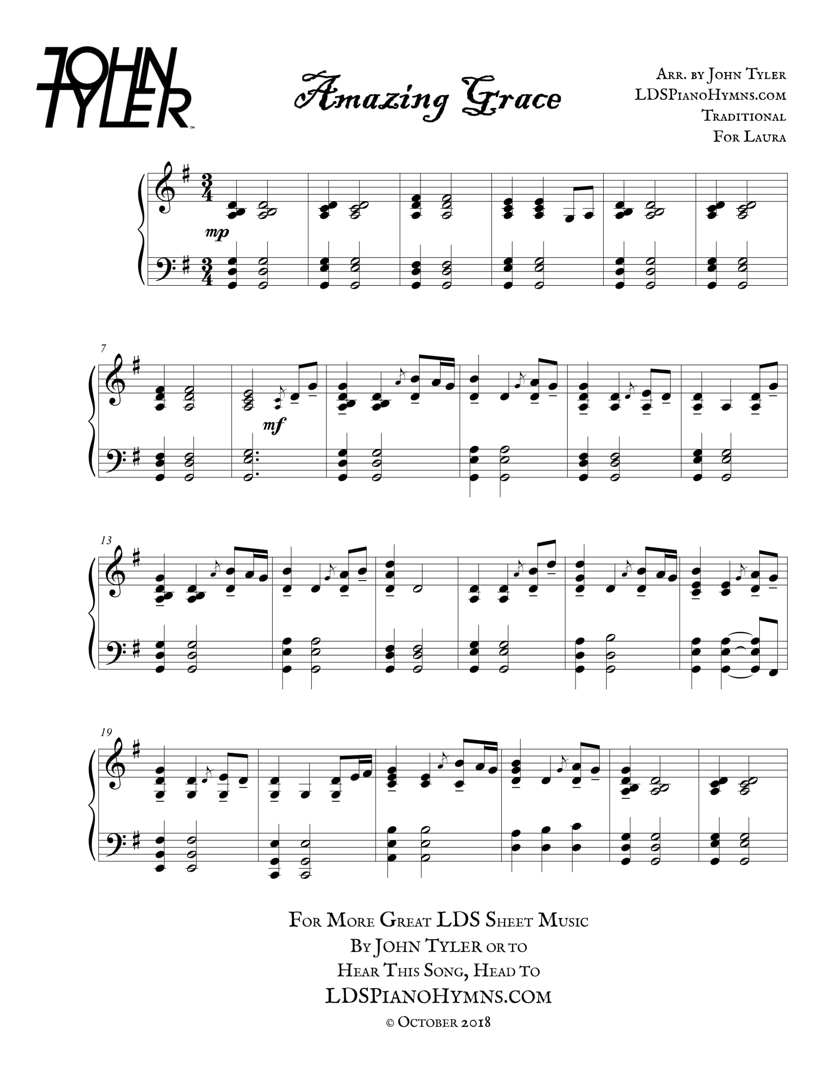 Amazing Grace FREE LDS PIANO SOLOS By John Tyler Worksheets Library