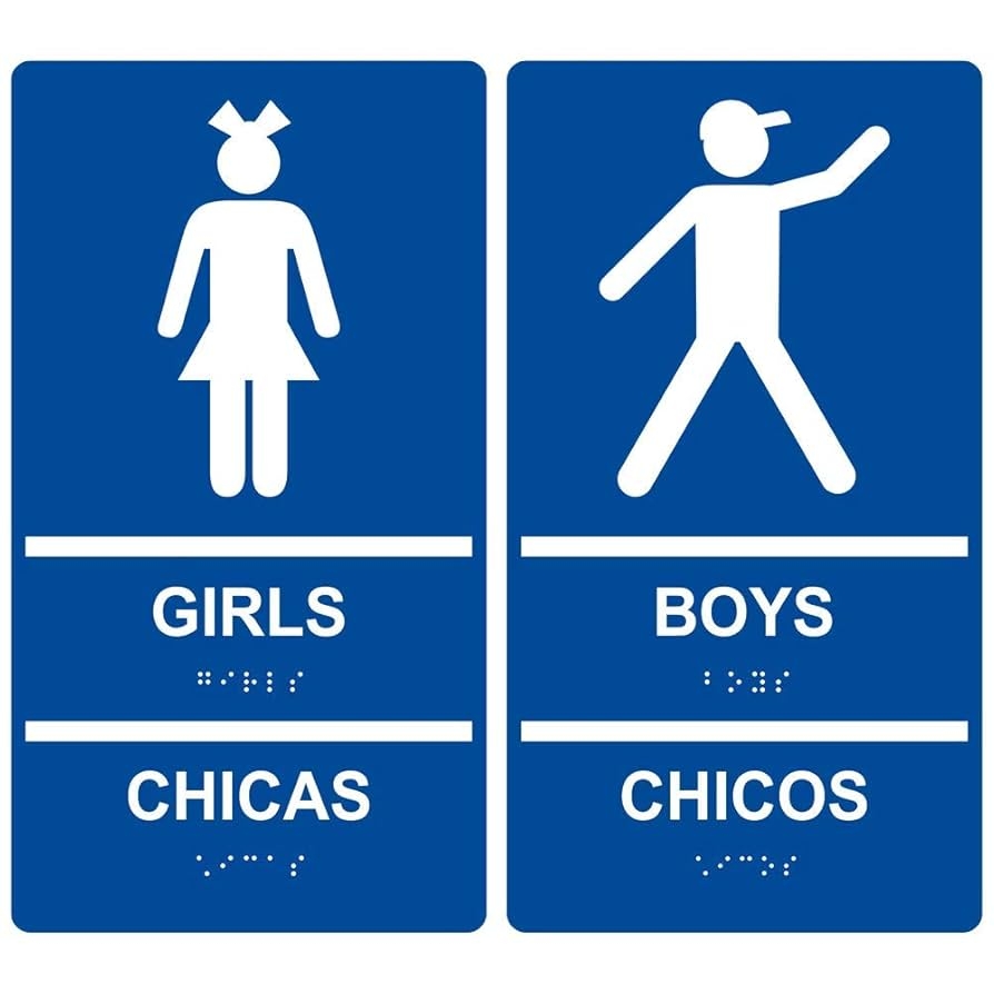 Amazon ComplianceSigns Girls Boys Restroom Sign Set Bilingual ADA Compliant Braille And Raised Letters 11x6 In Blue Acrylic Plastic For Bathrooms Industrial Scientific