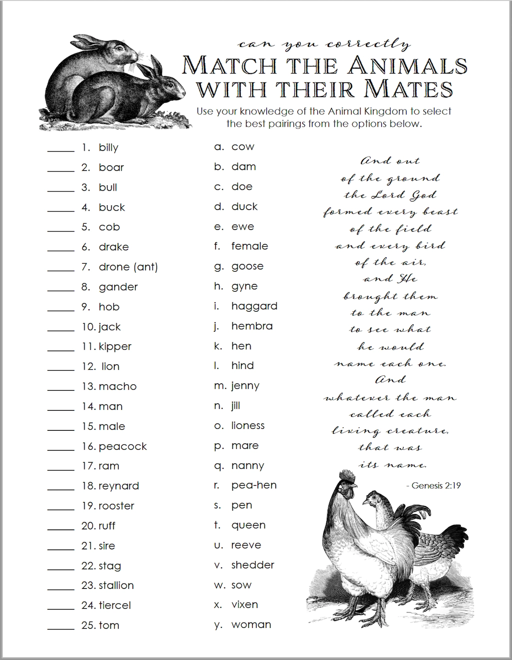 Animal Mates Matching Quiz Free Printable Flanders Family Home Life