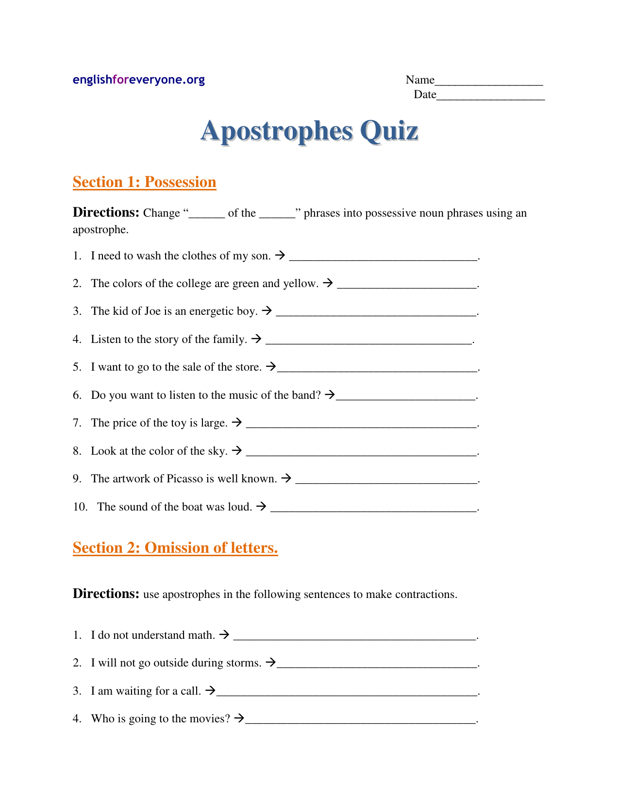 Multiple Choice Apostrophe Quiz Printable