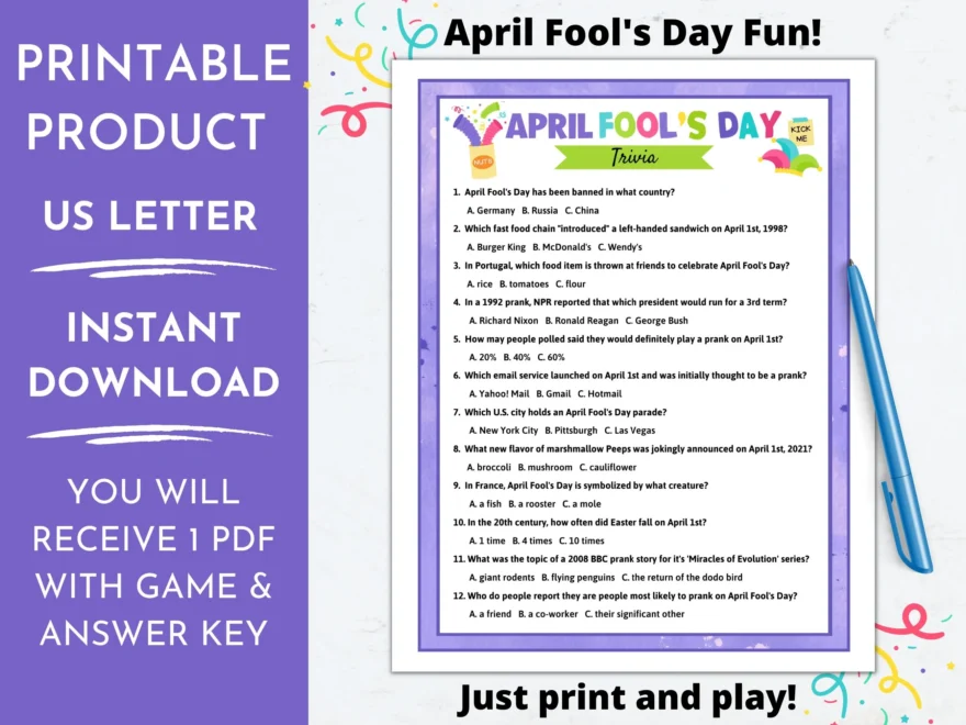 April Fools Day Trivia Game Printable April Fool s Trivia Questions Quiz Family Party Game Night Etsy